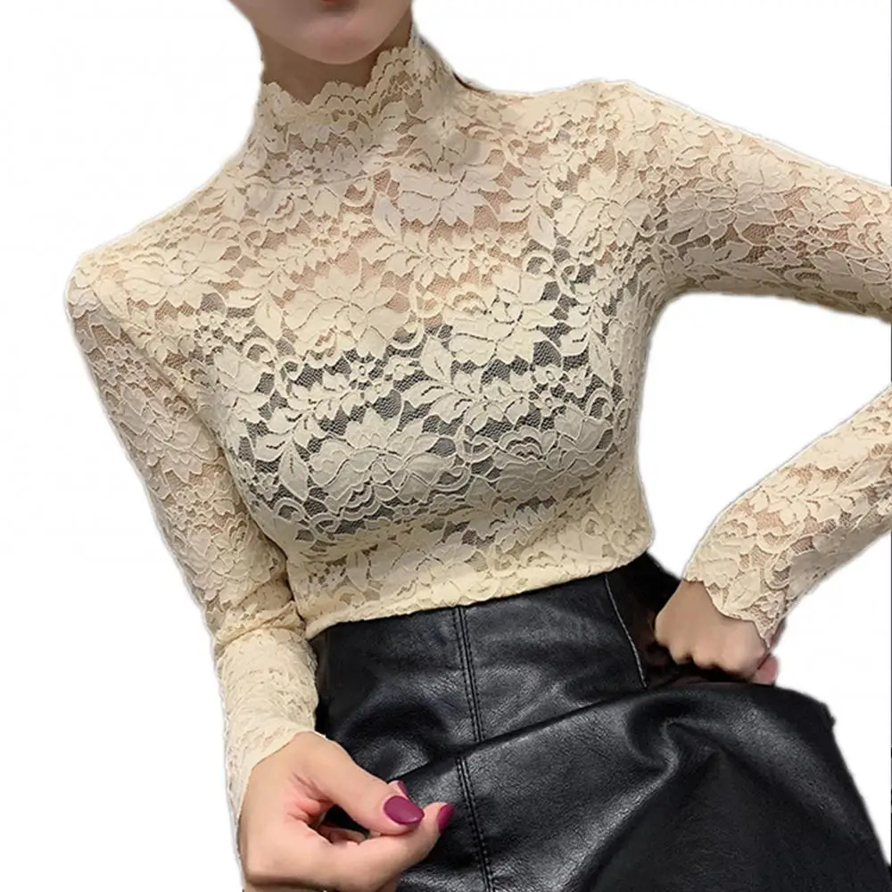 Elegant Women Turtle Neck Long Sleeve Floral Lace Blouse Top Slim Base T-shirt