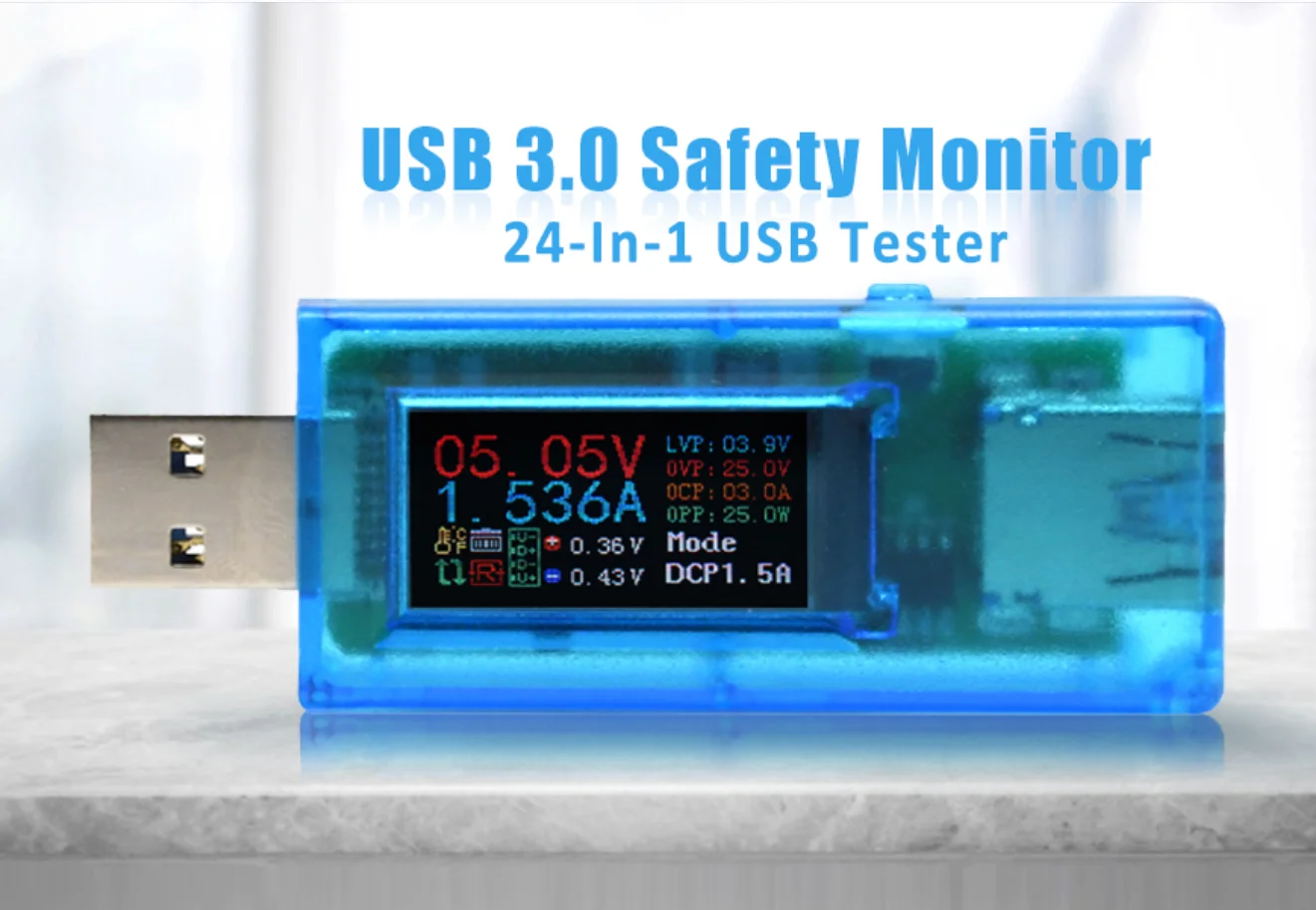 USB 3.0 24-in-1 Colour LCD Voltmeter Ammeter with Power Failure Protection USB Tester