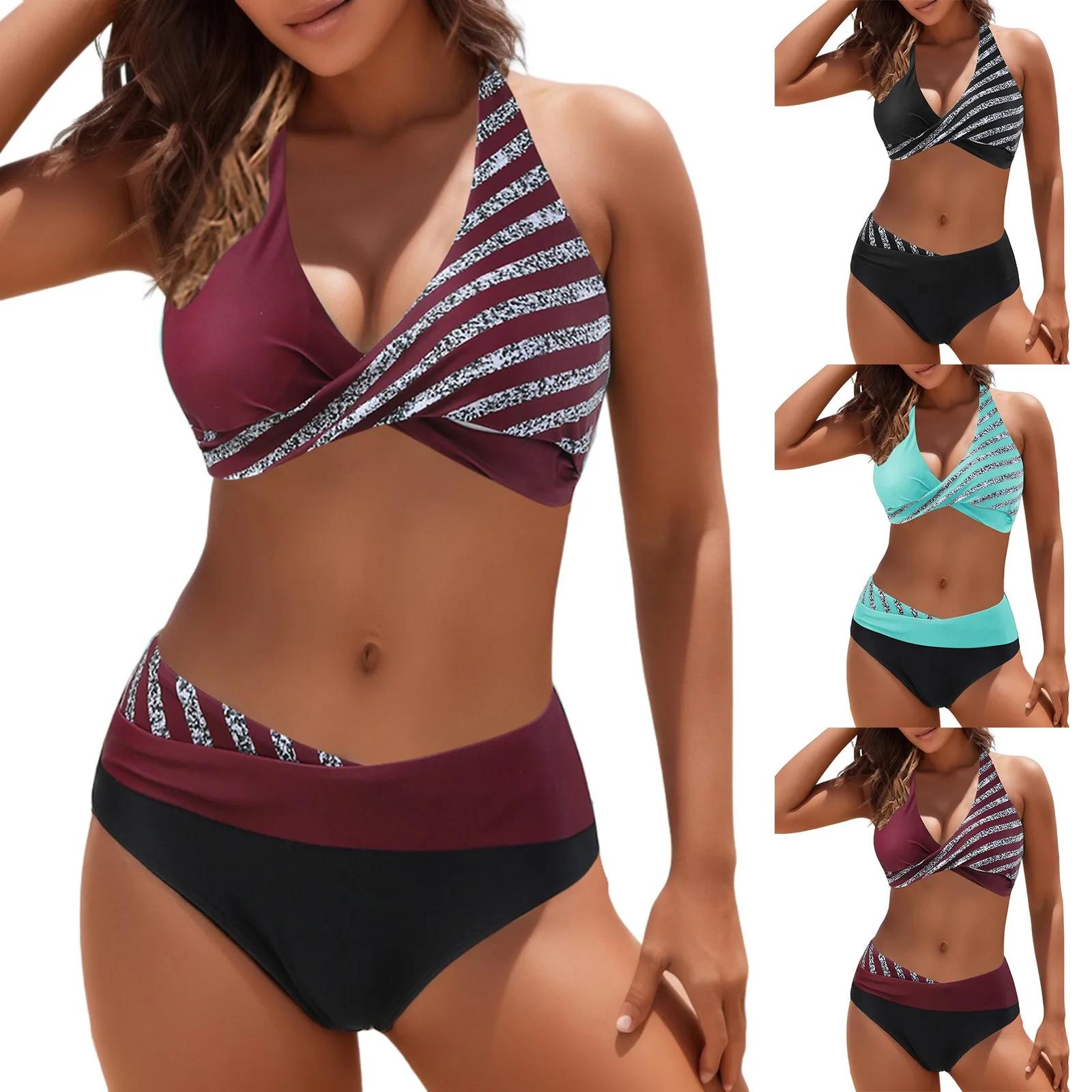 2023 Women's Split Swimsuit Bikini Leaf Print Hanging Neck V Neck Bathing Suit Top Large Chest Breastfeeding Bathing Suit