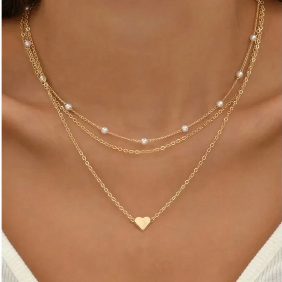 

FTCY 3pcs Women's Pearl Necklace Set 14K Gold Fashion Love Heart Pendant Waterproof Hypoallergenic Collarbone Neck Chain Jewelry