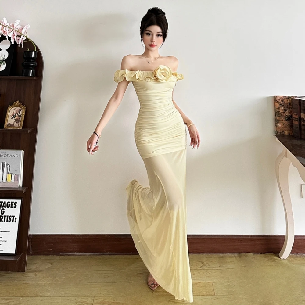 SylCue Slash Neck Skirt Suit 3D Flower Hip-Wrapped Dresses+Mesh Comfortable Breathable Skirts French Elegant Style Streetwear