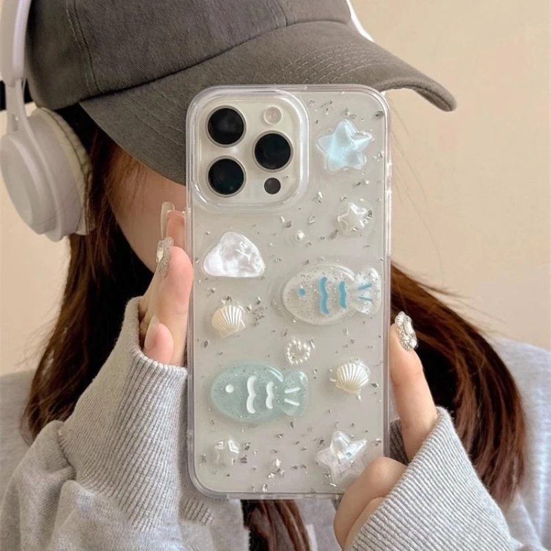 Glitter 3D Ocean Fish Pearl Silver Foil Girls Love Clear Cute Phone Case For Iphone 13 12 11 16 15 14 Pro Max XR X 87 Plus