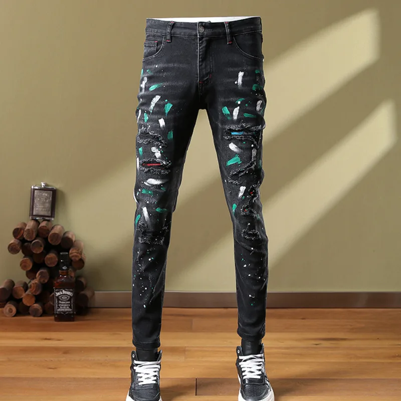 

Autumn Black Hole Ripped Tights Pants Skinny Jeans For Men European Brand Men Jean Pant Men Splash Ink Trousers Slim Fit Jean