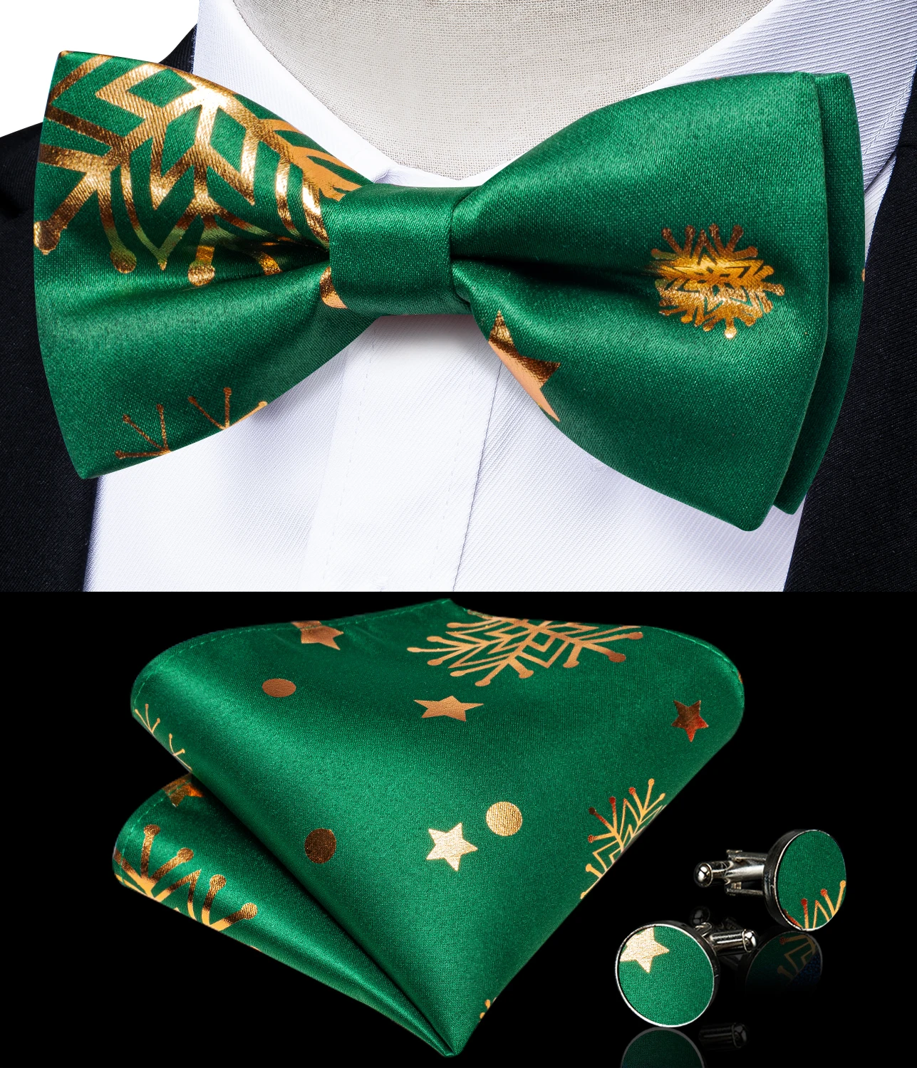 Green Christmas Men Vest Bowtie Pocket Square Cufflinks Set Printed Snowflake Waistcoat for Man Accessories Party Necktie Gifts