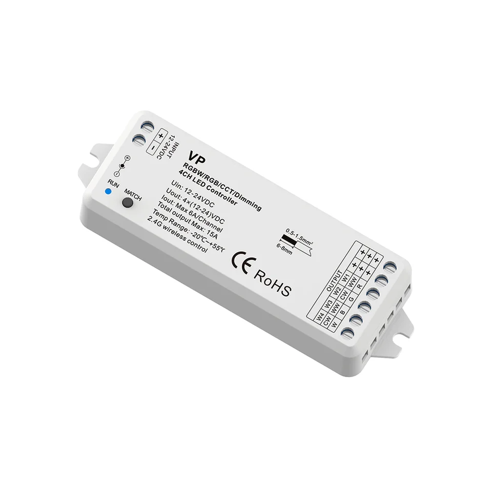 VP RGBW/RGB/CCT/atenuación 4 canales RGBW LED controlador RF 12V-24V CC voltaje constante 4 en 1 2,4G receptor inalámbrico RF RT9 remoto