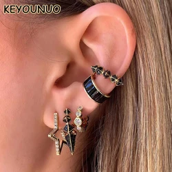 KYOUNUO Luxury Gold Plated CZ Stud Earrings For Women Ear Cuffs Black Zircon Punk Hoop Earrings Fashion Party Jewelry Wholesale