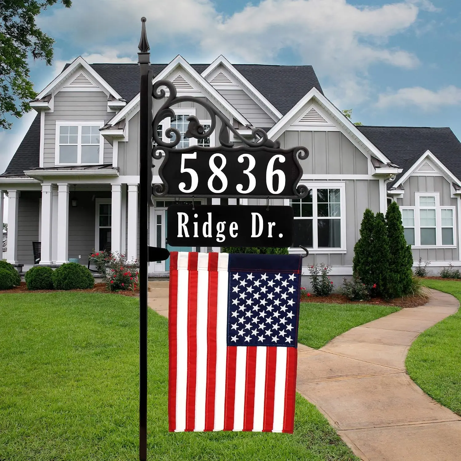 Super Reflective USA Handcrafted Boardwalk Home Address Sign For Yard - With Name Rider And American Flag - 58