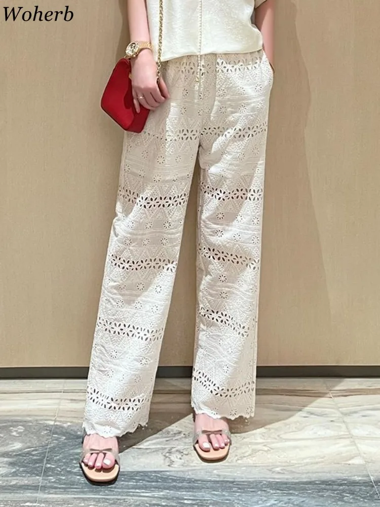 

Lace Wide Leg Pants for Women 2024 New Bottoms Loose Straight Trousers High Waist Solid Color Temperament Summer Pantalon Femme