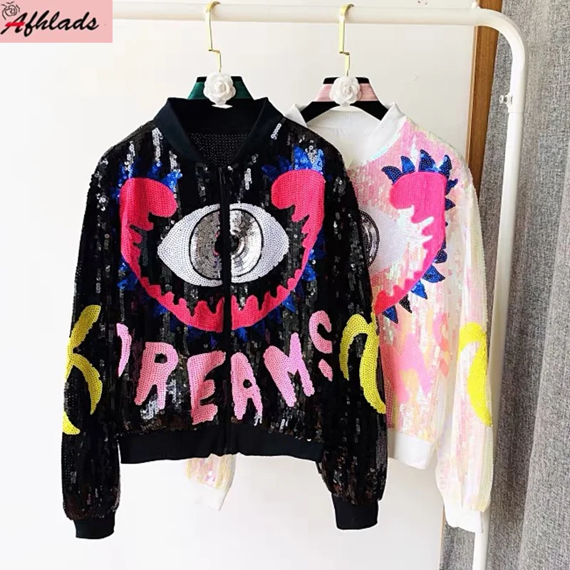 Women's Vintage Spring And Autumn Jacket 2023 Korean Sequined Long-Sleeve Stand Collar Streetwear Hip-Hop Fashion Jacket Coat