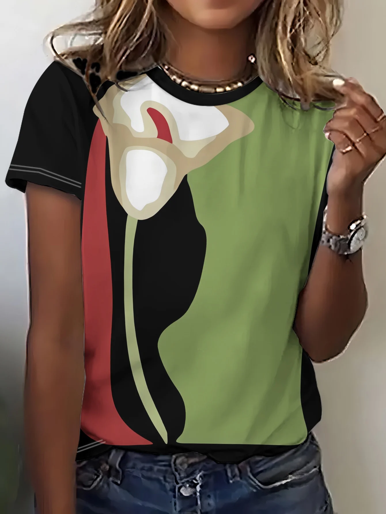 Women Crew Neck Short Sleeve T-shirt Color Block Calla Lily Print Contrast Patchwork Casual Artistic Summer Daily Top