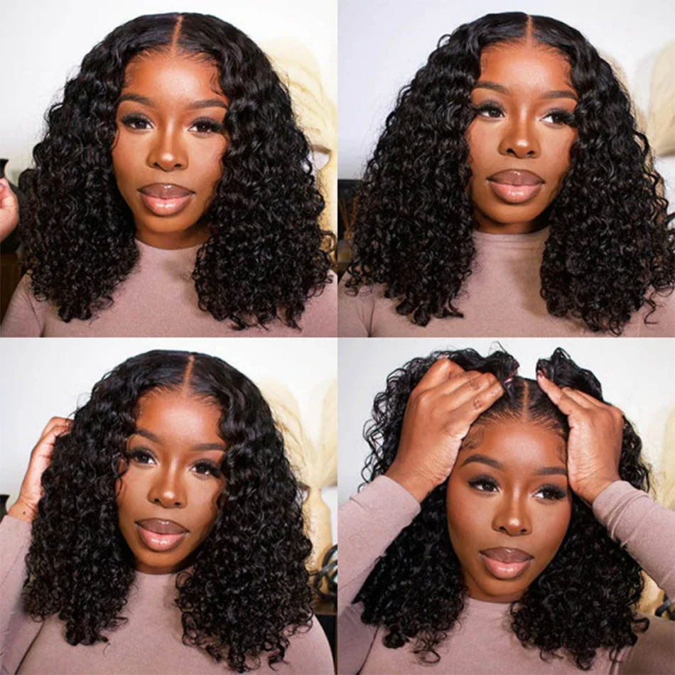 200 Density Short Curly Human Hair Bob Wigs Water Wave 13x4 Lace Front Human Hair Wigs For Women HD Transparent Lace Frontal Wig