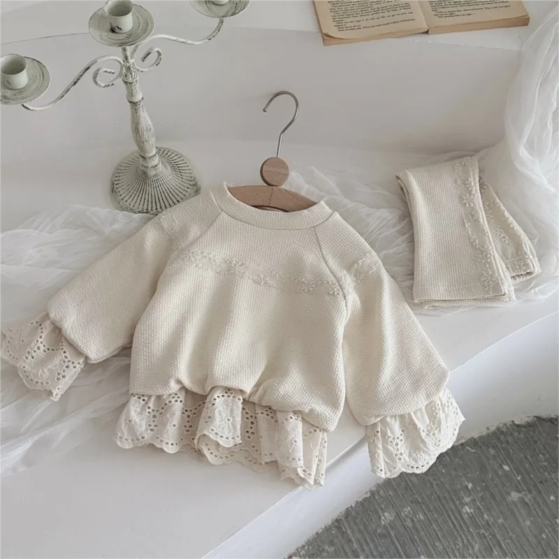 Newborn Baby Boy Girl Cotton Lace Ruffle Clothes Set Shirt+Pants Infant Solid Long Sleeve Suit Spring Autumn Baby Clothes 9M-2T