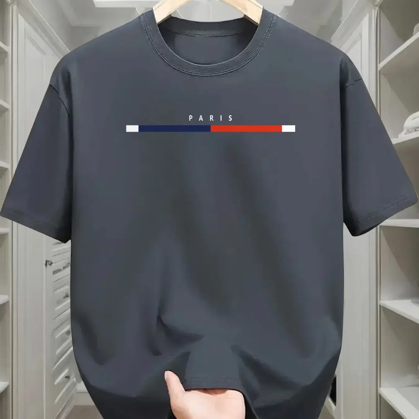 تي شيرت صيفي للرجال بطبعة جرافيك باريس - تي شيرت كاجوال بأكمام قصيرة ورقبة دائرية مع خطوط زرقاء وحمراء