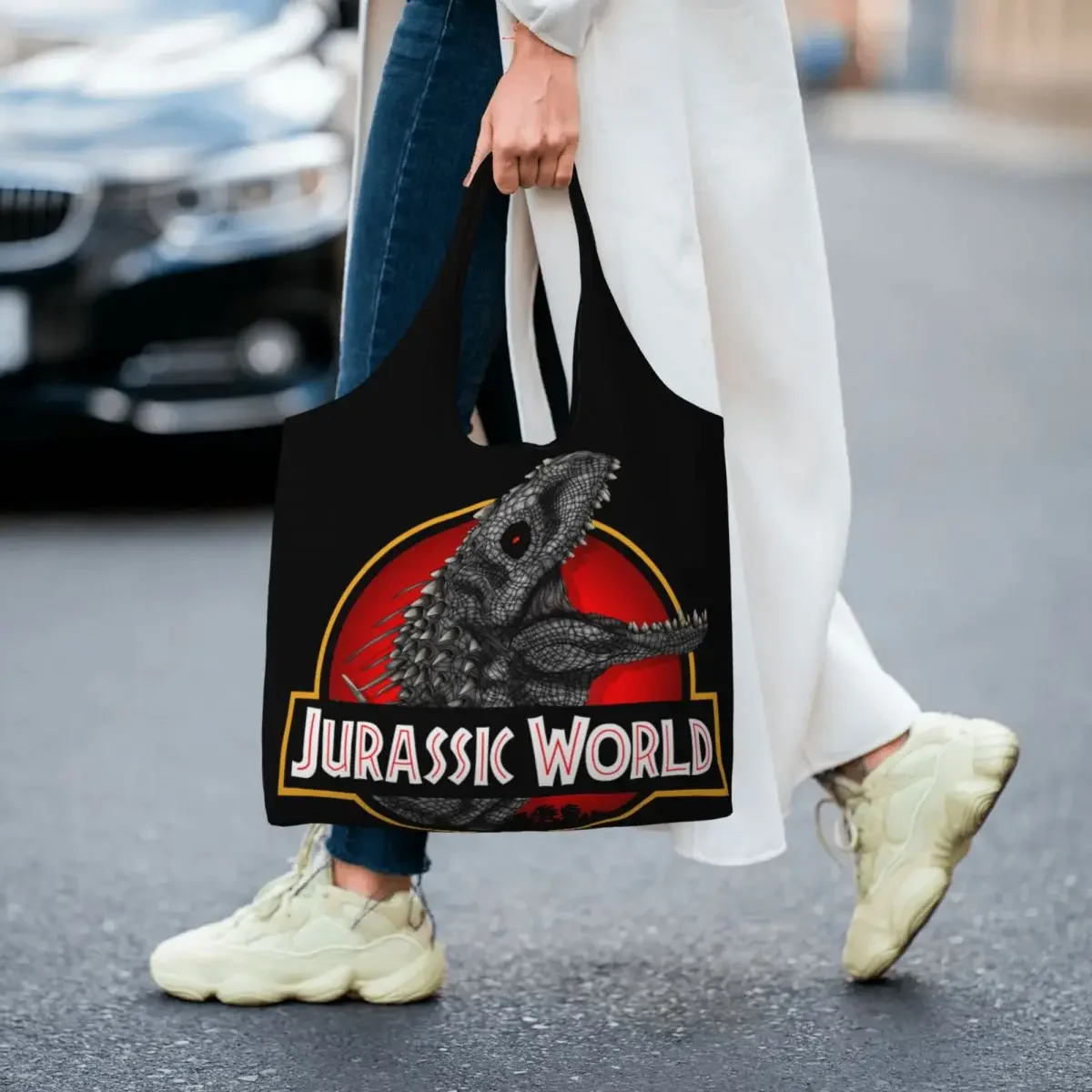 Jurassic World Indominus Rex Canvas Shopping Bag Women Durable Big Capacity Groceries Dinosaur Film Tote Shopper Bags Handbag