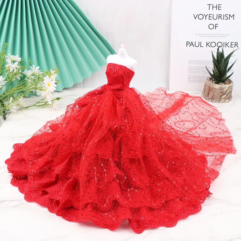 1/6 Doll Wedding Dress Clothes 30CM Doll Red Lace Trailing Wedding Dress Sequins Princess Dress Doll Clothes Red Party Gown New