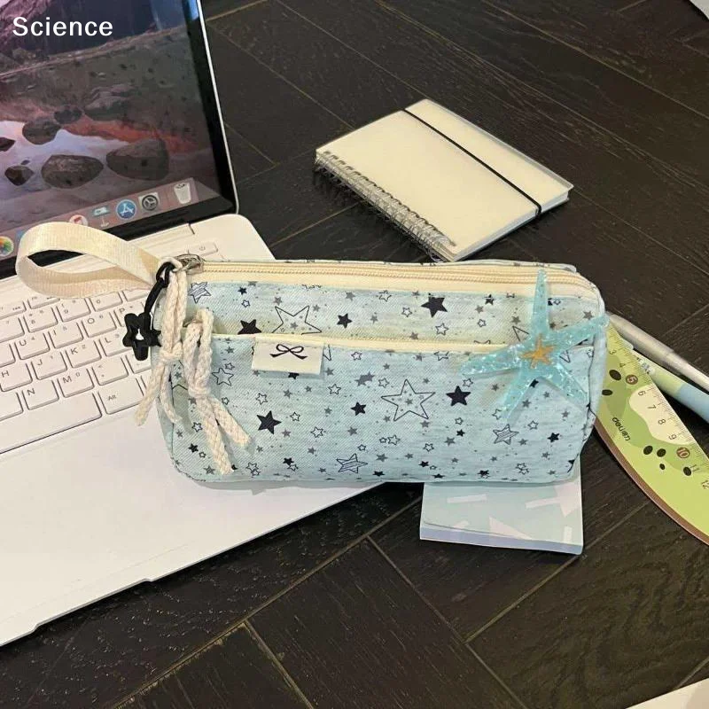Kawaii Star Print Zipper Pouch Portable Canvas Makeup Bag Spacious Desk Organizer For Students Pens Cables Daily Use