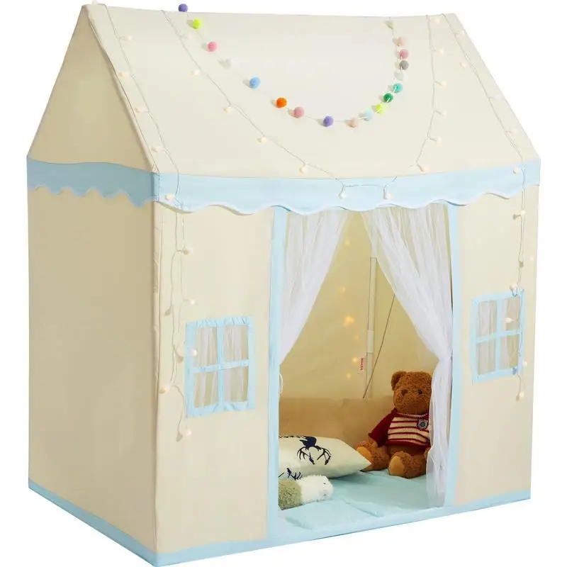 

Toddler Play House 47x41x54 Inches For Bedroom Living Room Backyard, Padded Mat Star Light String Window Design Breathable Cotton Canvas Material Beige Castle Tent