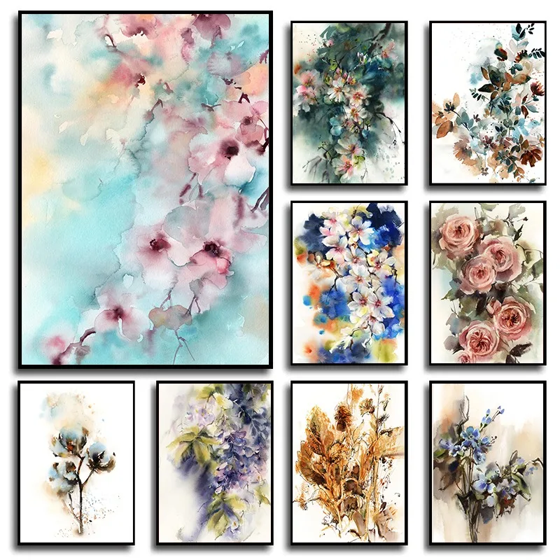 Boho Botanical Wall Art Watercolor Cactus Almond Sunflowers Abstract Prints Set Modern Canvas Nature Decor Calm Home Living Room
