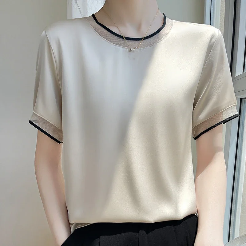 

S063 Summer new mesh stitching round neck thin short-sleeved T-shirt top women with women