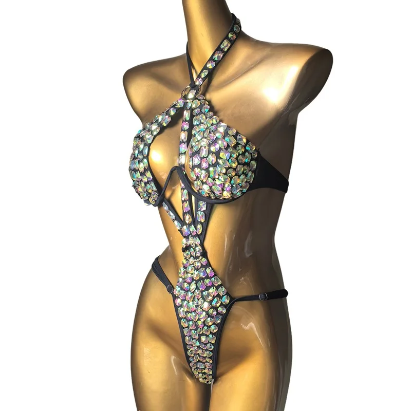 Sexy Halter Rhinestones One Piece Swimsuit Women Crystal Bandage Bodysuit Beach Poor Party Vacaction Swimwear Night DJ Clubwear