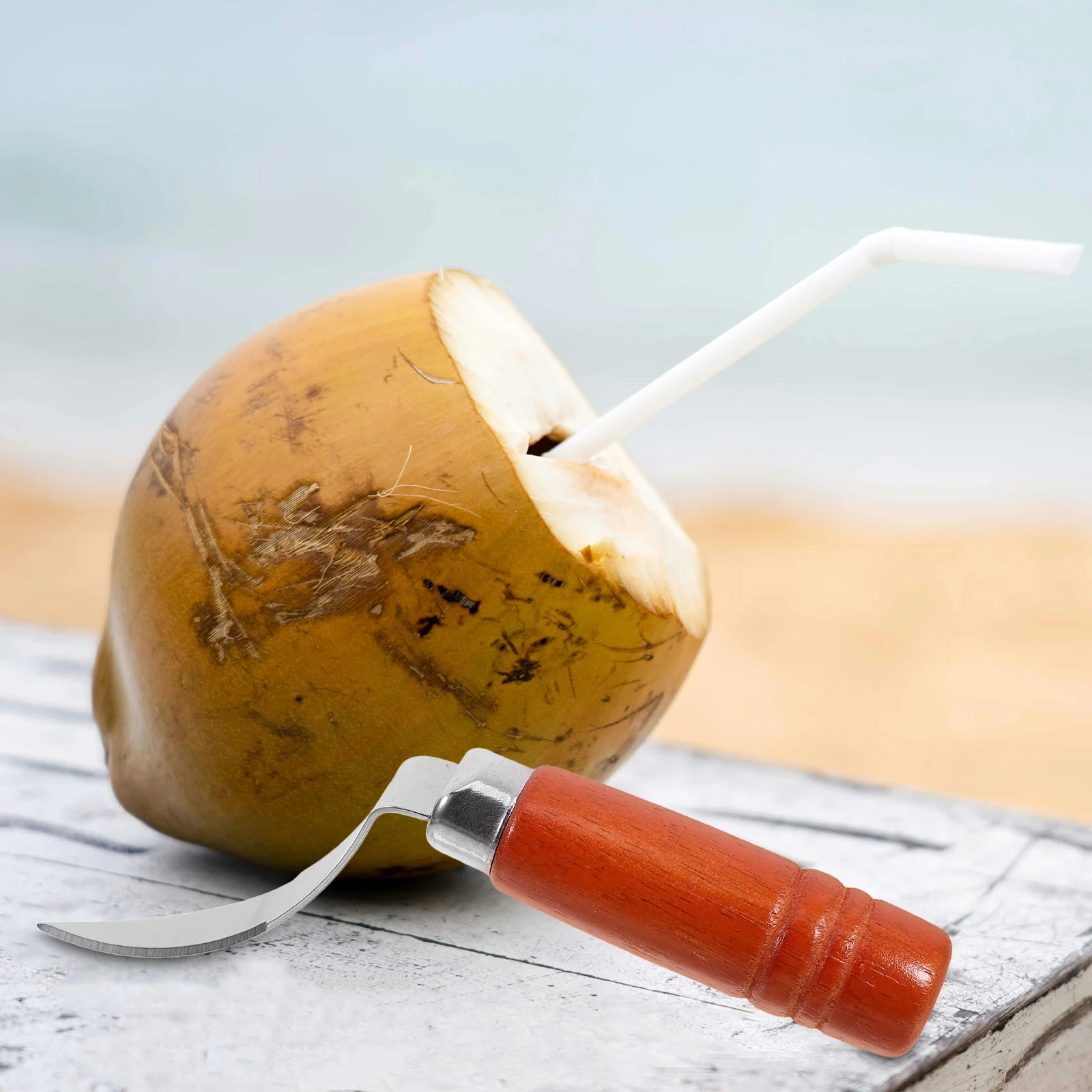 

Stainless Steel Coconut Tool Wooden Handle Comfortable Grind Grip Opener for Easy Coconut Hole Drilling Meat Scraper