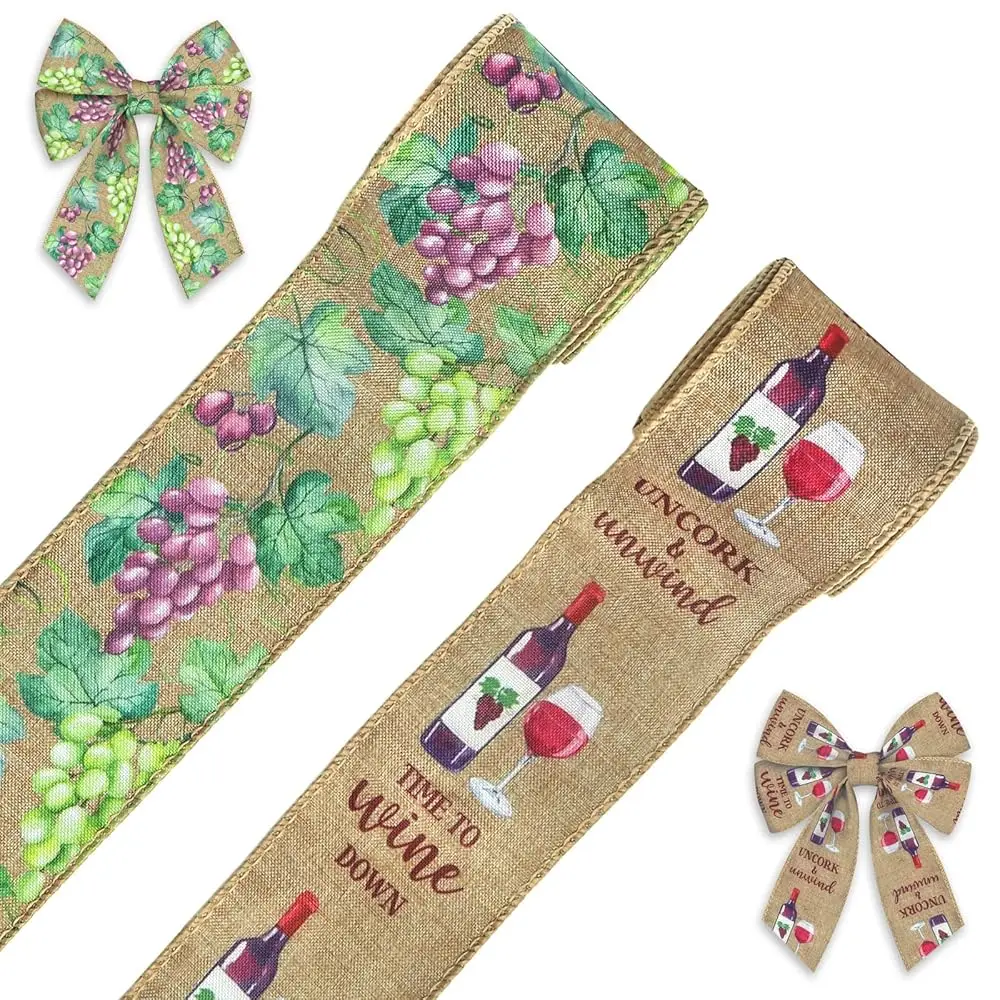 

2 Rolls 10 Yards Farm Wired Edge Ribbons 2.5\ Farmhouse Decor Wrapping Ribbon Grape Wine Uncork Burlap Fabric Craft Ribbon f
