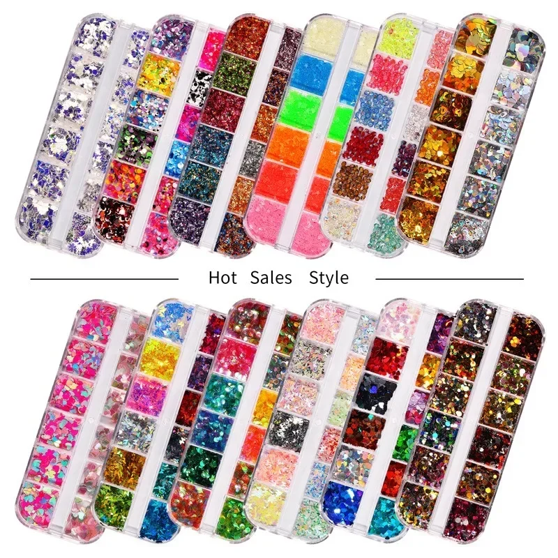 12 Grids/Set Mixed Size Nail Glitter Flakes 3D Sequins Powder Charm Nail Art Decoration Manicure Tools