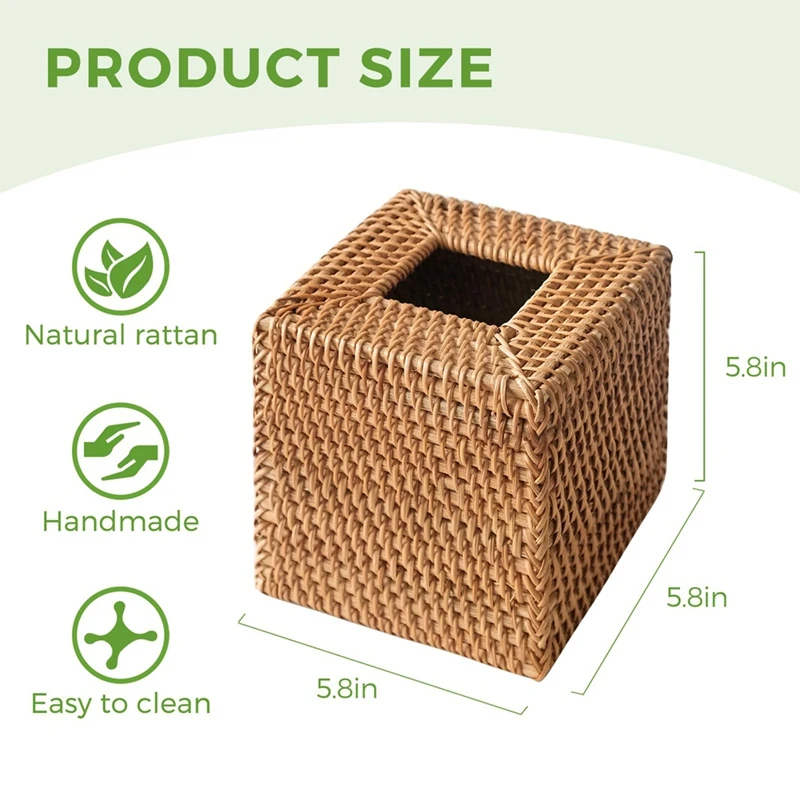 Y17A Rattan Tissue Box Cover, Hand Woven Square Wicker Holder For Facial Tissues, For Bathroom Living Room, Tissue Holders