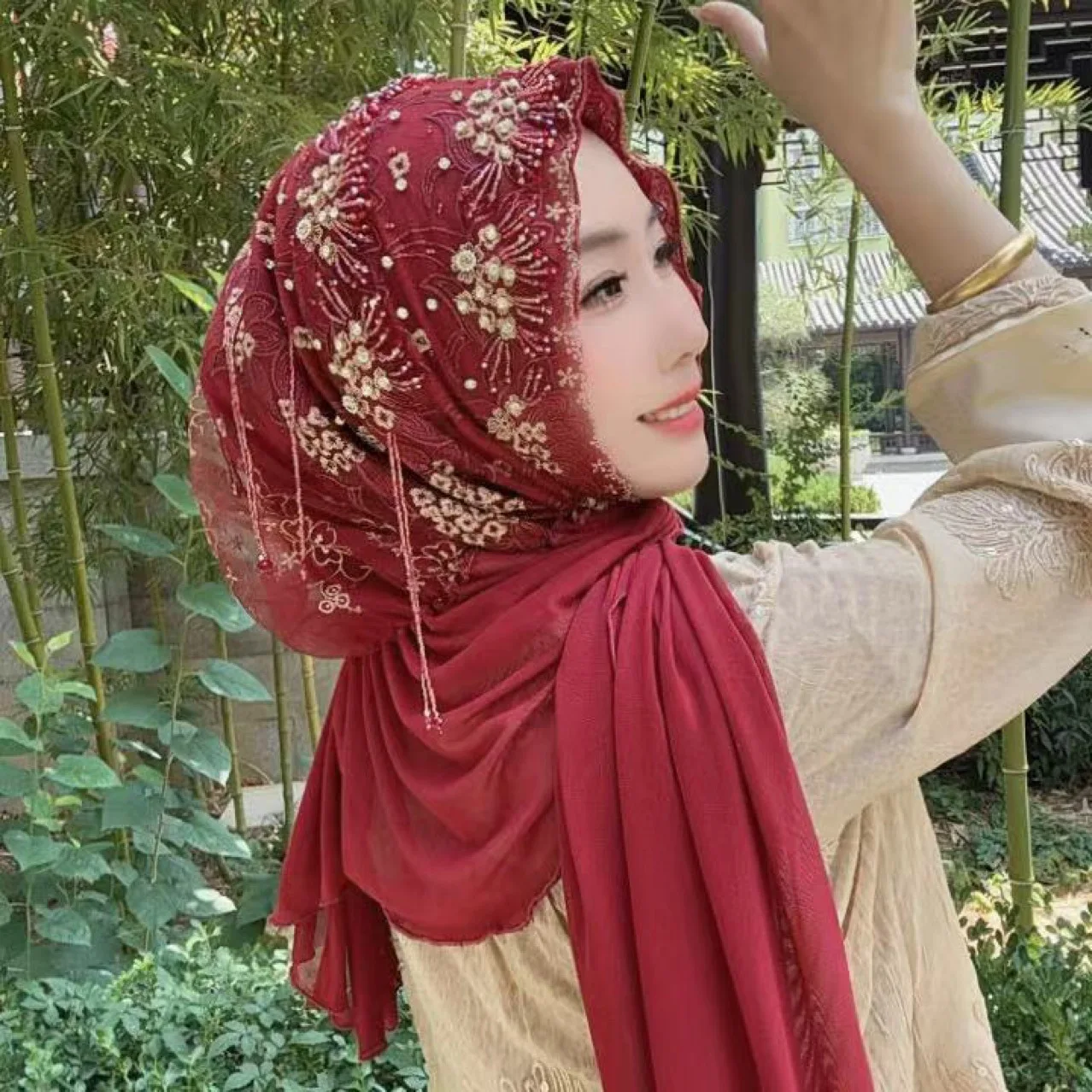 Muslim Malay Handmade Headscarf Turban Hat for Women, High-End Covering, New Pullover Style with Tassel Shawl and Long Scarf