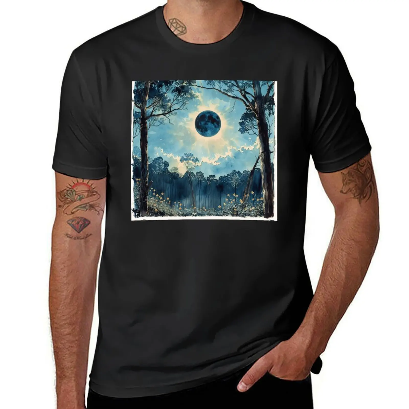 

Eclipse over Pine Woods in Watercolor T-Shirt vintage clothes plus sizes fruit of the loom mens t shirts