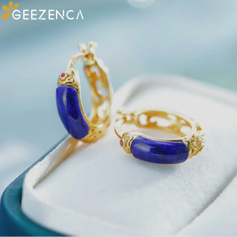 GEEZENCA Natural Lapis Lazuli 925 Silver Hollow Craft Small Hoop Earrings For Women 18K Gold Blue Stone Earring 2024 New Gift