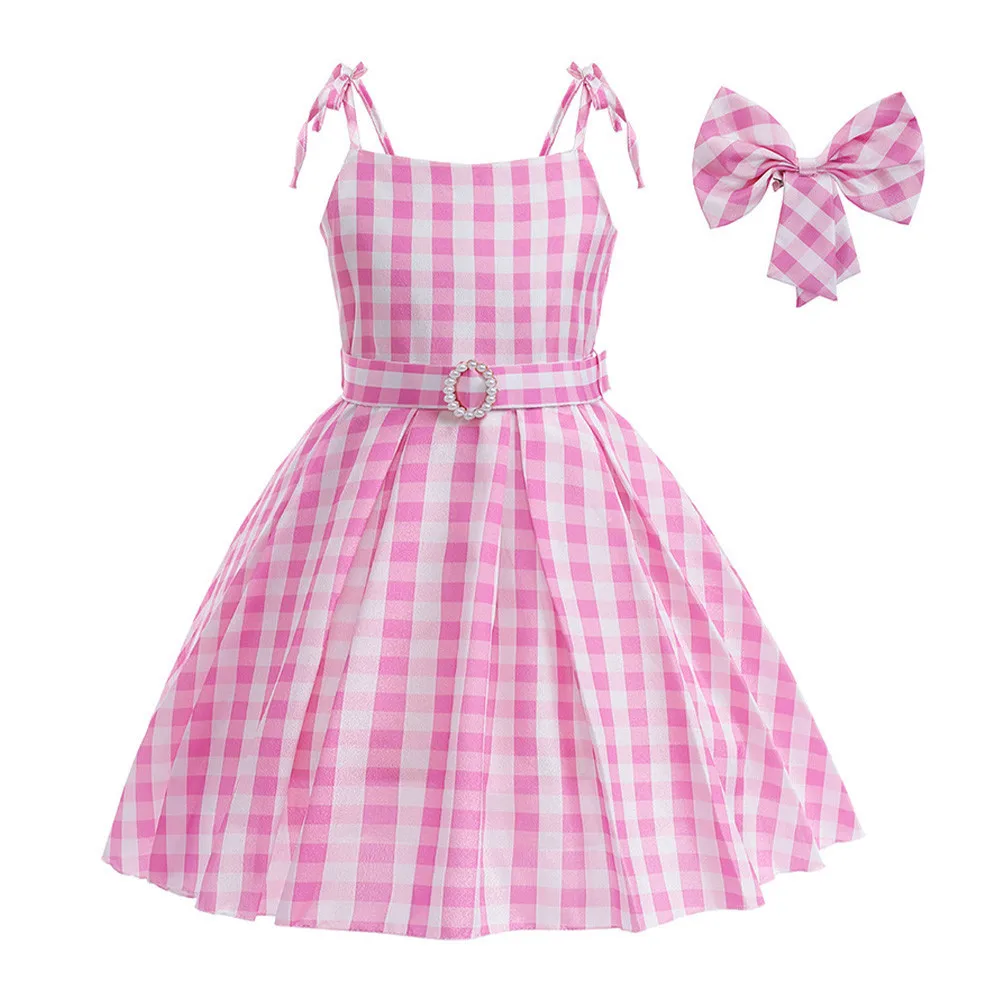 Girls Pink Barbie Princess Dress Flower Kids One Shoulder Wedding Ball Gown Birthday Party Formal Plaid Clothes Evening Costumes