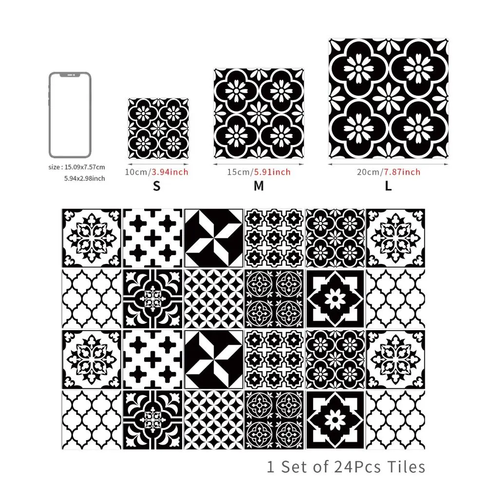 24Pcs/Set Mandala Style Ceramics Wall Sticker 10/15/20cm Vintage Tile Decoration Film Moisture-proof Self Adhesive