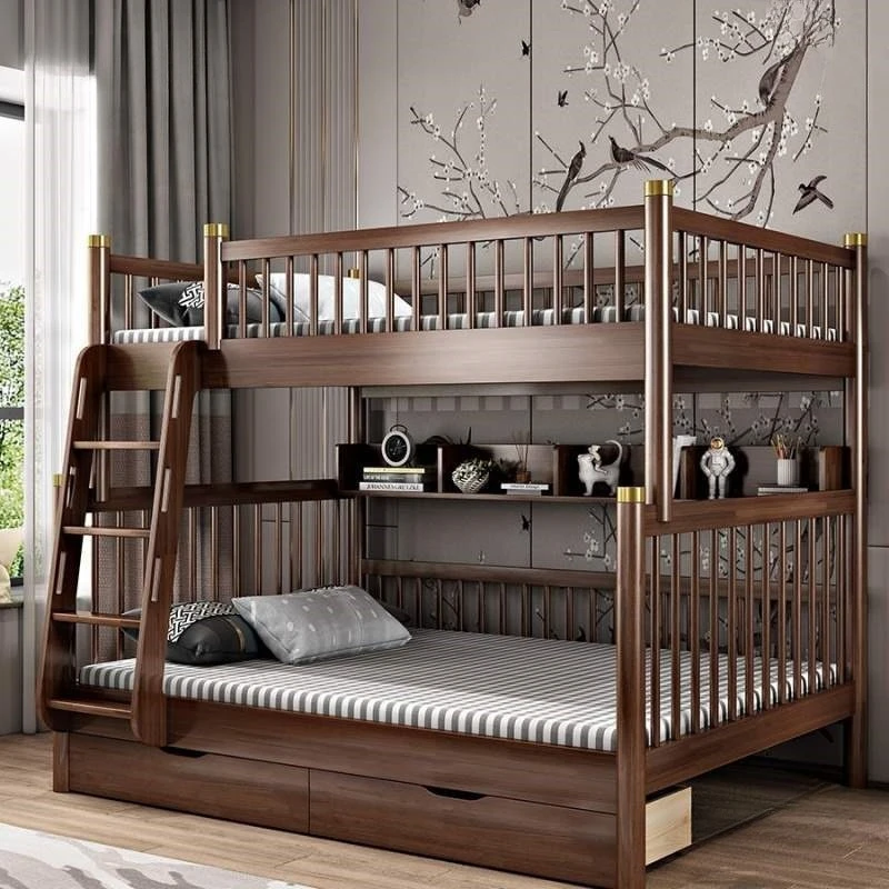 

Walnut high and low children's bed upper and lower bunk small apartment multi-functional double layer