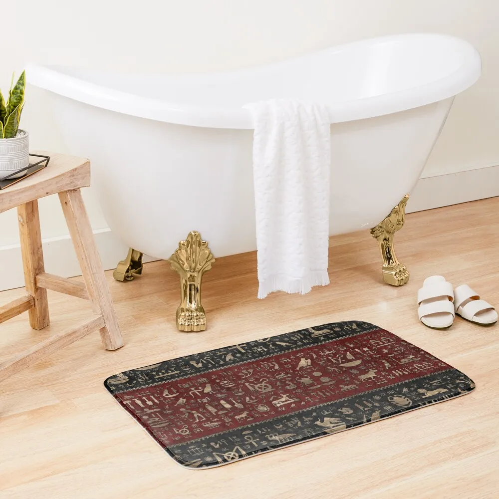 Ancient Egyptian hieroglyphs - Black and Red Leather and gold Bath Mat Front Door Absorbent Bathroom Toilet Rug Mat