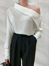 Office Lady Korean Style Black Blouses One Shoulder Sexy Shirts Women Spring Summer Cold Blouse Female Elegant White Tops