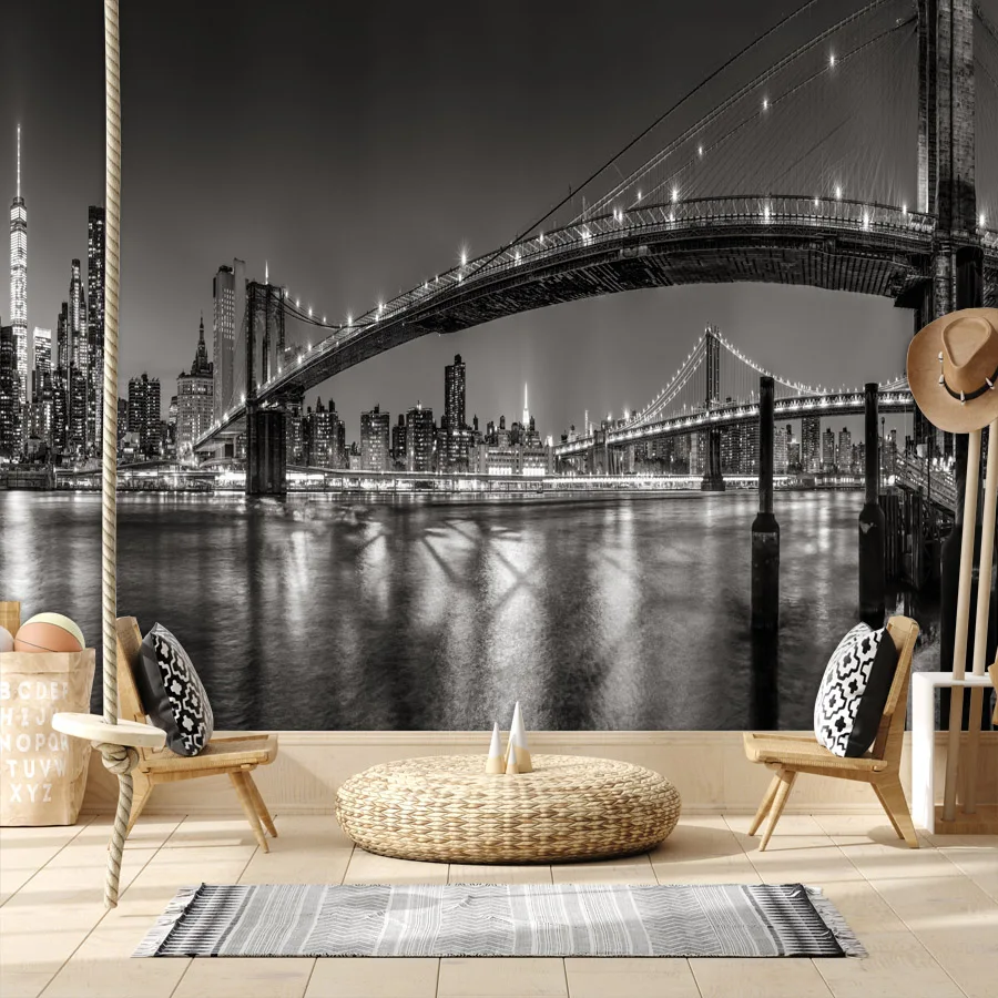 

Self Adhesive Optional Wall Papers Home Decor Murals Rolls New York Bridge Black White Night City TV Wallpapers for Living Room