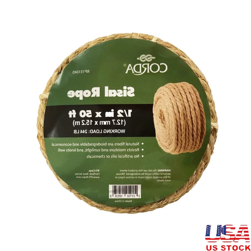 

Sisal Rope 1/2 inch 50 ft Natural Fiber Biodegradable Crafts Gardening Bundling Packing Moving Knotting Secure Shipping