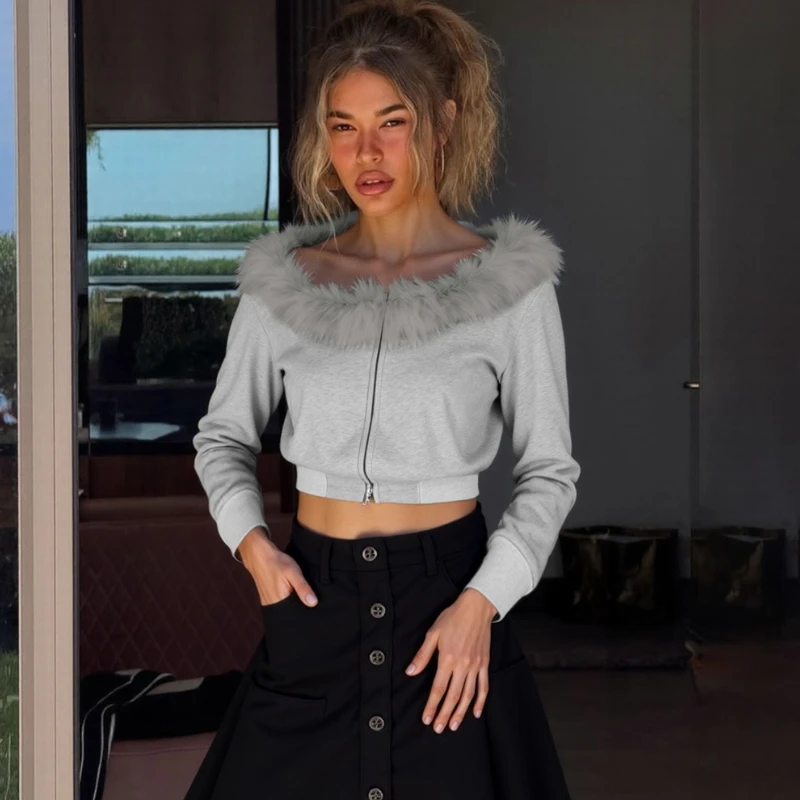 

TARUXY Leisure Short Fur Collar Coat Women's Sexy High Waist Long Sleeves One-Shoulder Slim Solid Zipper Splicing Jacket Autumn