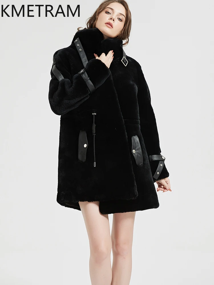 เสื้อโค้ทขนแกะแท้ 100% ผ้าขนสัตว์เมอริโน แบรนด์ KMETRAM สำหรับผู้หญิง สีดำ แจ็คเก็ตคอสูง เสื้อคลุมฤดูหนาวแบบใหม่ ปี 2025 เสื้อกั๊กผู้หญิง