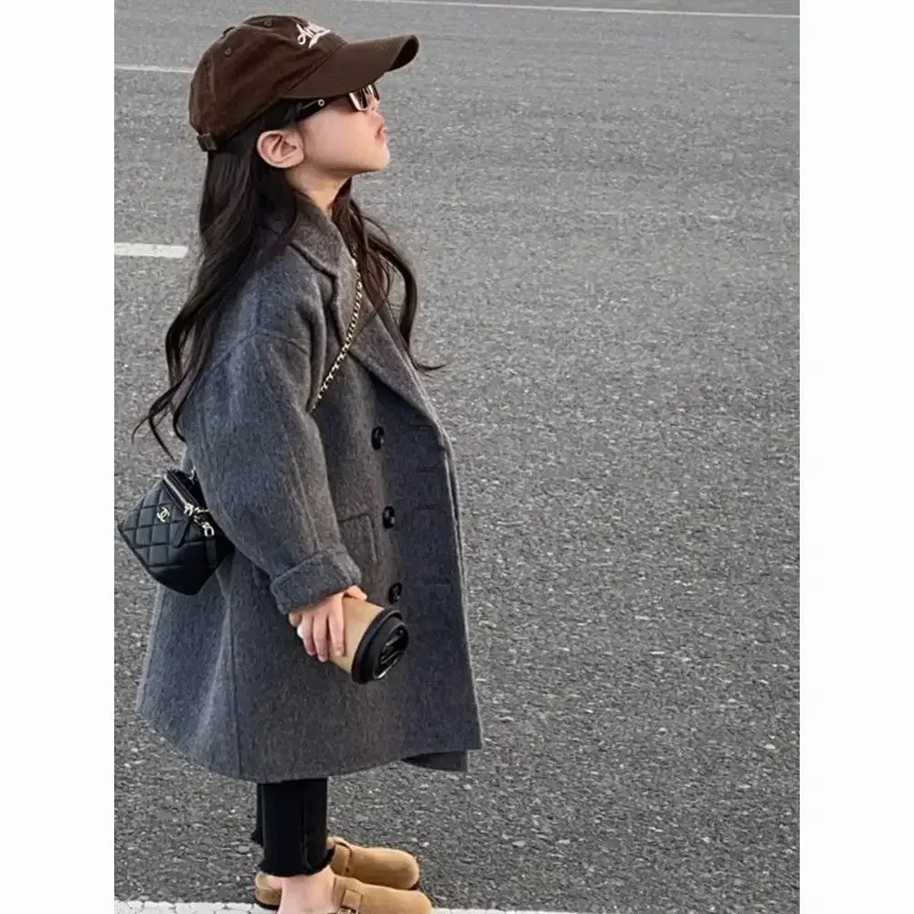 Girls Coat Korea Style Childrens Clothing 2023 Autumn and Winter New Lapel Long Trench Fashion Thickened Double-sided Tweed Coat