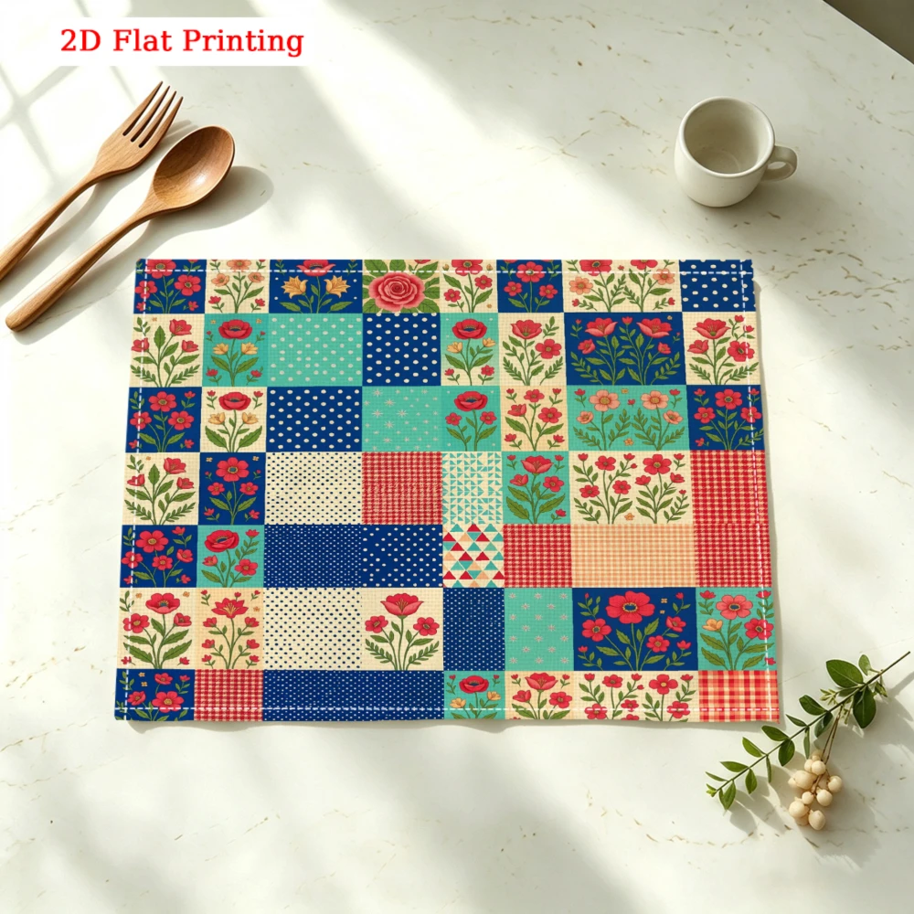 Floral Patchwork Quilt Style Print Kitchen Placemat Coaster Linen Pad Dish Coffee Cup Table Mat 30x40cm Home Decor