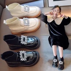 Zapatos de calcetín con diamantes de imitación para niñas, botas de cuero para niños, calzado antideslizante con suela de goma, moda para bebés, Otoño e Invierno