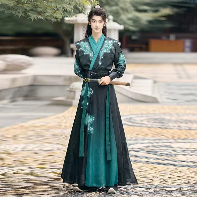 Herren klassische Schwert kämpfer Hanfu chinesische Tang Dynastie fluor zieren den Effekt Druck Kostüm Vintage Mode Held Cosplay Kleidung Junge