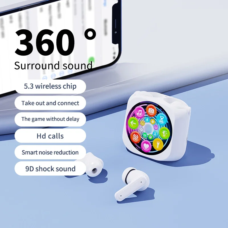 

Fashion Color LCD Touch Screen Bluetooth Earbuds Smart Noise Reduction 9D Shock Sound Airbuds Mini Compact Wireless Earphones