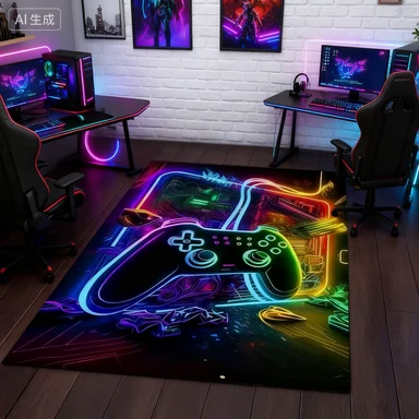 Neon Controller Design Mat Non-Slip Soft Carpet Ideal for Bedroom Gaming Room Decor  Modern Aesthetic, Gaming Room Decorations