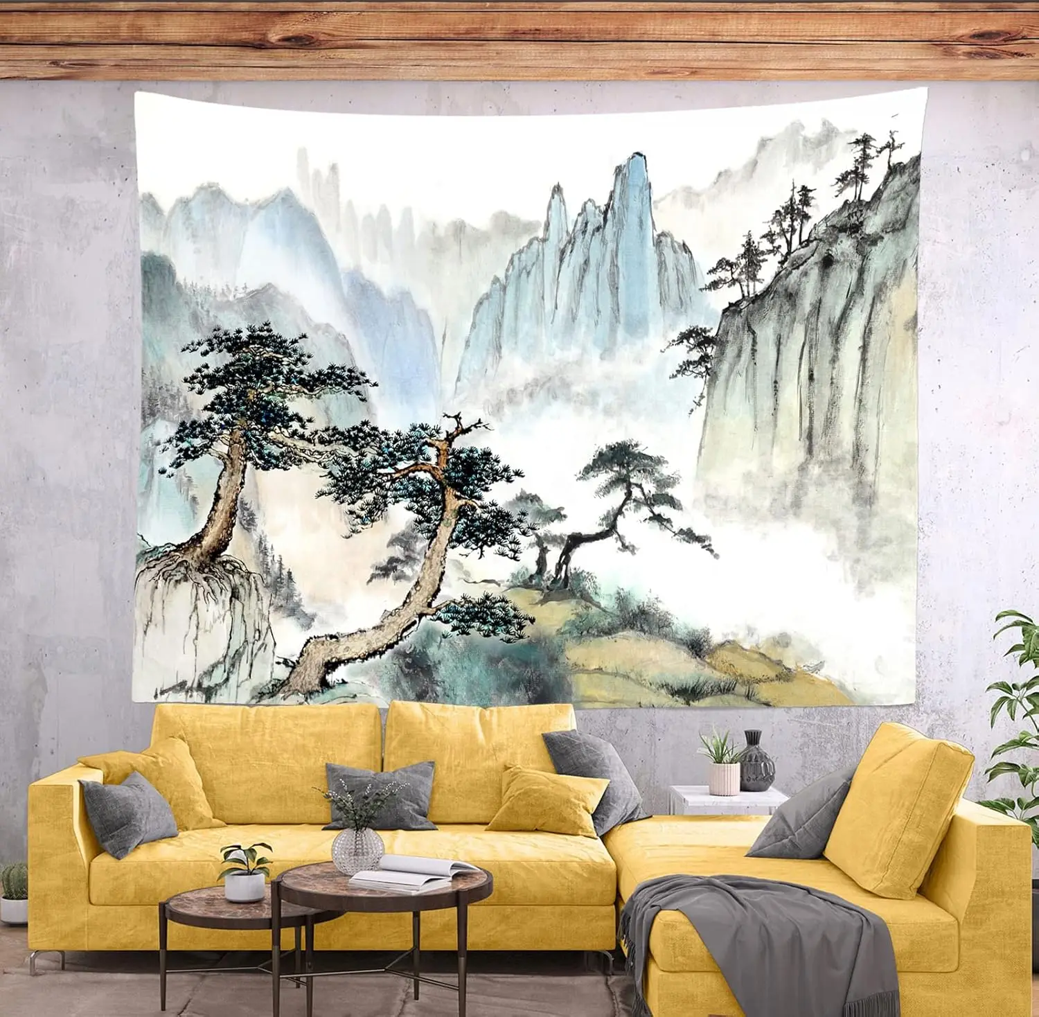 Asian Tapestry Traditional Chinese Painting Landscape Tapestry Wall Hanging Pine Trees Mountains Ink Painting Tapestry Wall Art