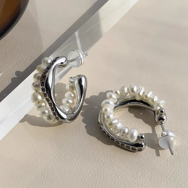 Kshmir Vintage Irregularity C-shaped Pearl Zircon Earrings for Women Trendy Baroque Commuter Jewelry Daily Accessory Gift
