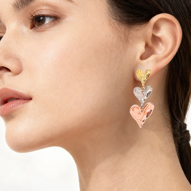 

YTJX Chic Heart Stud Earring 2025 Trendy Three Tone Piercing Earrings For Women Lover Girlfriend Best Jewelry Gift