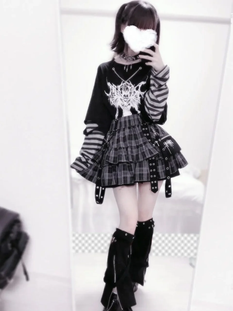 Japanese Mine Harajuku Punk Style Metal Buckle with Packet Decorative Ruffled Short Skirt Sweet Cool Girl Women\'s Plaid Skirt